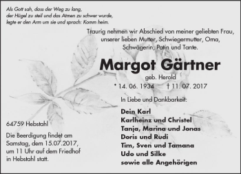 Traueranzeige von Margot Gärtner von Trauerportal Echo Online