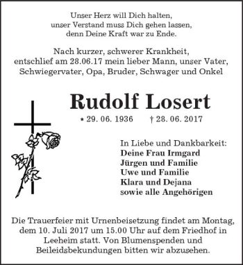 Traueranzeige von Rudolf Losert von Trauerportal Echo Online