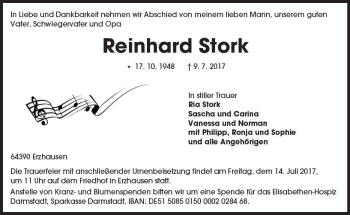 Traueranzeige von Reinhard Stork von Trauerportal Echo Online