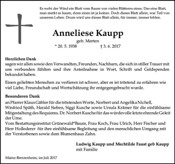 Traueranzeige von Anneliese Kaupp von Trauerportal Rhein Main Presse