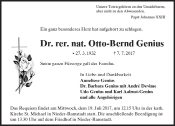 Traueranzeige von Otto-Bernd Genius von Trauerportal Echo Online