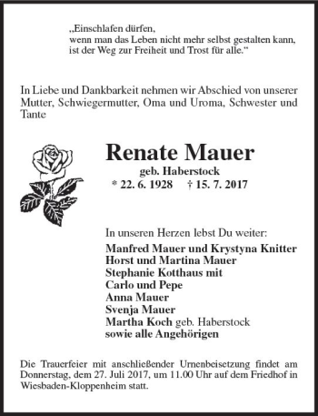Traueranzeige von Renate Mauer von Trauerportal Rhein Main Presse