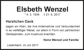 Traueranzeige von Elsbeth Wenzel von VRM Trauer