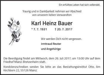 Traueranzeige von Karl-Heinz Bauer von Trauerportal Rhein Main Presse