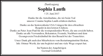 Traueranzeige von Sophia Lauth von  Usinger Anzeiger