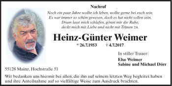 Traueranzeige von Heinz-Günter Weimer von Trauerportal Rhein Main Presse