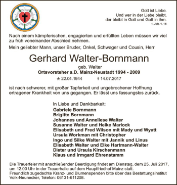 Traueranzeige von Gerhard Walter-Bornmann von Trauerportal Rhein Main Presse
