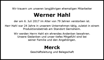 Traueranzeige von Werner Hahl von Trauerportal Echo Online