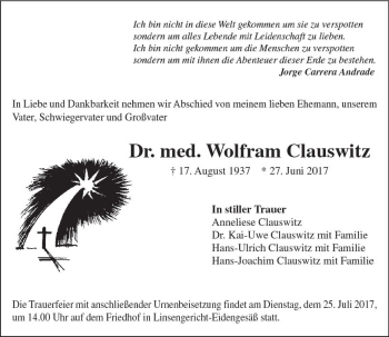 Traueranzeige von Wolfram Clauswitz von  Gießener Anzeiger