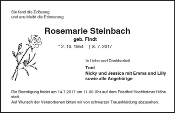 Traueranzeige von Rosemarie Steinbach von Trauerportal Rhein Main Presse