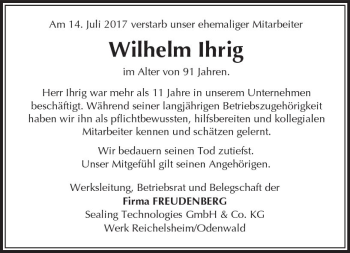 Traueranzeige von Wilhelm lhrig von Trauerportal Echo Online