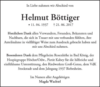 Traueranzeige von Helmut Böttiger von Trauerportal Echo Online