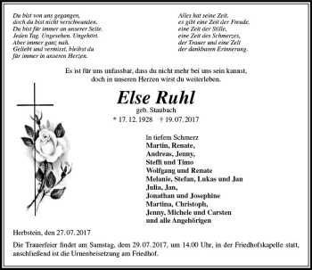 Traueranzeige von Else Ruhl von VRM Trauer