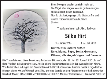 Traueranzeige von Silke Hirt von Trauerportal Rhein Main Presse