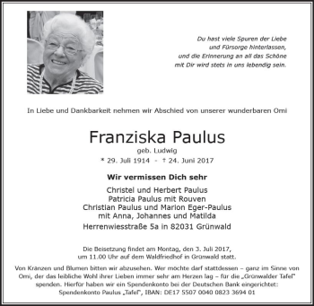 Traueranzeige von Franziska Paulus von Trauerportal Rhein Main Presse