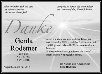 Traueranzeige von Gerda Rodemer von VRM Trauer
