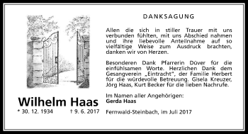 Traueranzeige von Wilhelm Haas von  Gießener Anzeiger