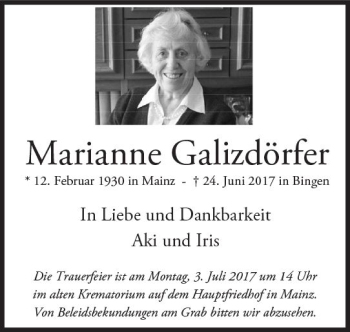 Traueranzeige von Marianne Galizdörfer von Trauerportal Rhein Main Presse