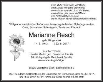 Traueranzeige von Marianne Resch von  Camberger Anzeiger