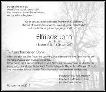 Traueranzeige von Elfriede Jahn von  Usinger Anzeiger