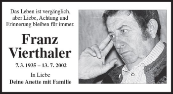 Traueranzeige von Franz Vierthaler von Trauerportal Rhein Main Presse
