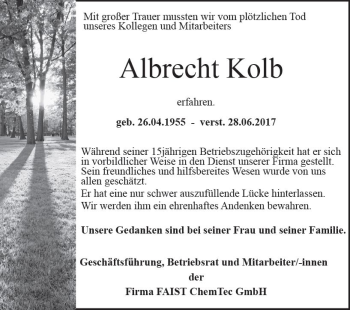 Traueranzeige von Albrecht Kolb von Trauerportal Rhein Main Presse