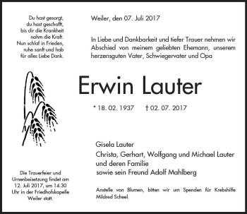 Traueranzeige von Erwin Lauter von Trauerportal Rhein Main Presse
