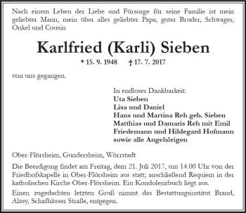 Traueranzeige von Karlfried  Sieben von Trauerportal Rhein Main Presse