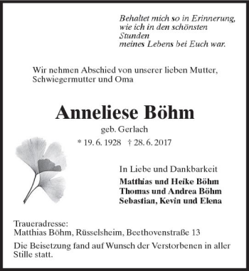 Traueranzeige von Anneliese Böhm von Trauerportal Rhein Main Presse