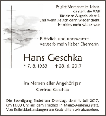 Traueranzeige von Hans Geschka von Trauerportal Rhein Main Presse