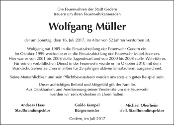 Traueranzeige von Wolfgang Müller von  Kreisanzeiger
