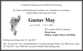 Traueranzeige von Gustav May von  Kreisanzeiger