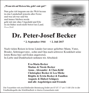 Traueranzeige von Peter-Josef Becker von Trauerportal Rhein Main Presse