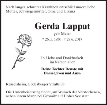 Traueranzeige von Gerda Lappat von Trauerportal Rhein Main Presse