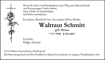 Traueranzeige von Waltraut Schmitt von Trauerportal Rhein Main Presse