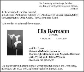 Traueranzeige von Ella Barmann von Trauerportal Echo Online
