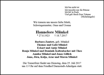 Traueranzeige von Hannelore Münkel von Trauerportal Echo Online