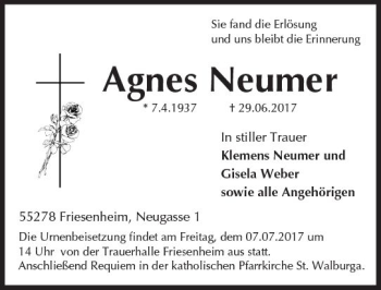 Traueranzeige von Agnes Neumer von Trauerportal Rhein Main Presse