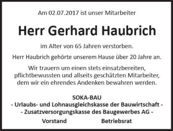 Traueranzeige von Gerhard Haubrich von Trauerportal Rhein Main Presse