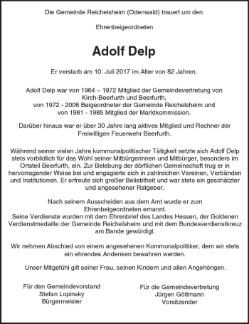 Traueranzeige von Adolf Delp von Trauerportal Echo Online