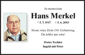 Traueranzeige von Hans Merkel von Trauerportal Rhein Main Presse