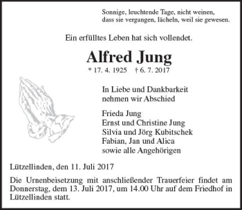 Traueranzeige von Alfred Jung von  Gießener Anzeiger