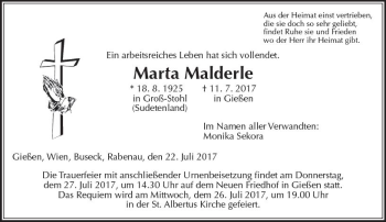 Traueranzeige von Marta Malderle von  Gießener Anzeiger