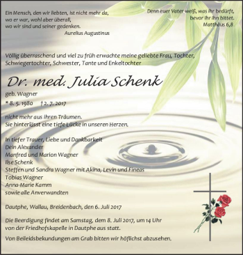 Traueranzeige von Julia Schenk von  Gießener Anzeiger