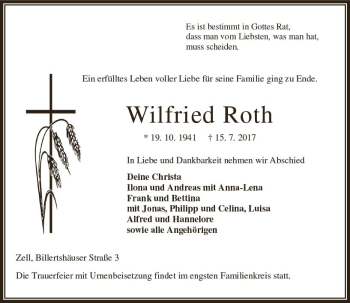 Traueranzeige von Wilfried Roth von VRM Trauer
