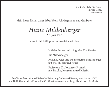 Traueranzeige von Heinz Mildenberger von Trauerportal Rhein Main Presse