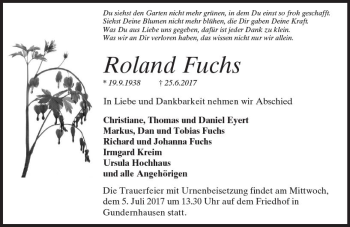 Traueranzeige von Roland Fuchs von Trauerportal Echo Online