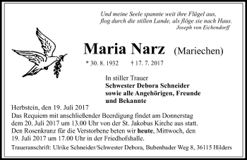 Traueranzeige von Maria Narz von VRM Trauer