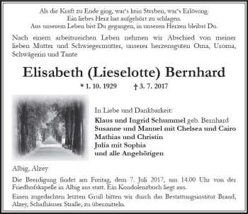 Traueranzeige von Elisabeth  Bernhard von Trauerportal Rhein Main Presse