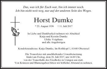 Traueranzeige von Horst Dumke von  Usinger Anzeiger